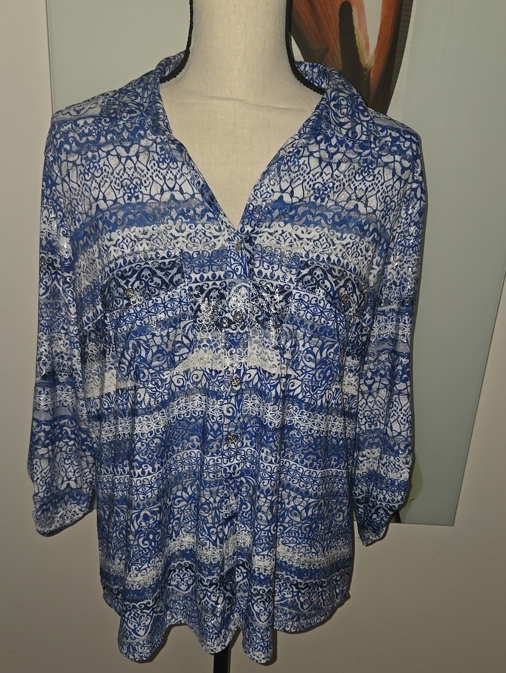 Blue Patterned Women's Button-Front Blouse